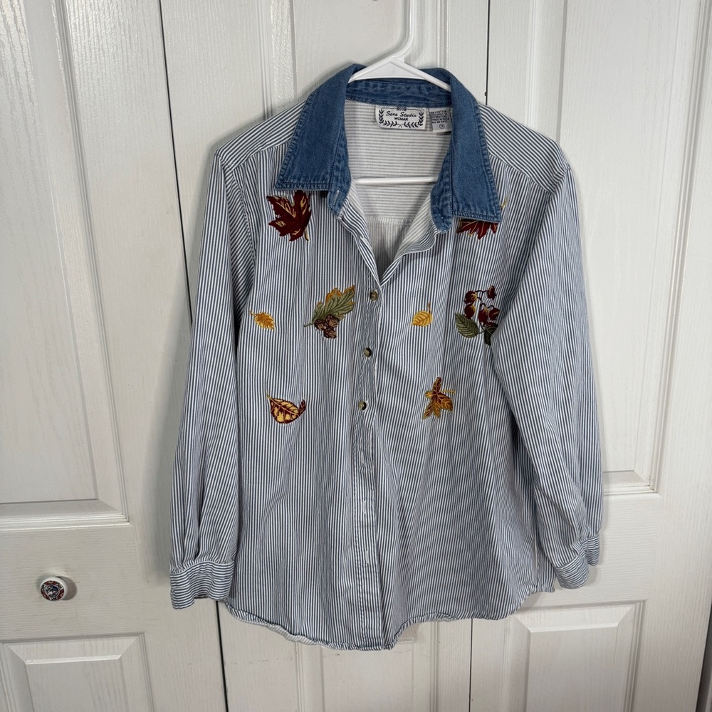 Sara Studio striped denim collar leaf embroidered size 1X‎